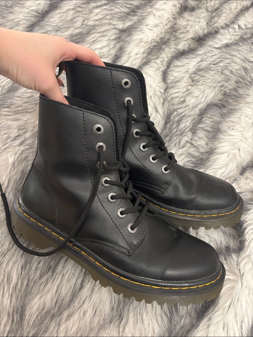 Dr. Martens Black Leather Lace-Up Platform Boots with Yellow Stitching